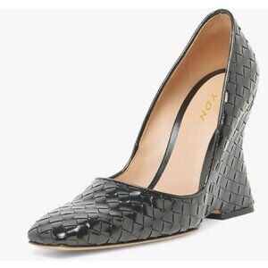 YDN Black Braid Pumps Wedge High Heels Square Toe Slip On Shoes Dressy Business